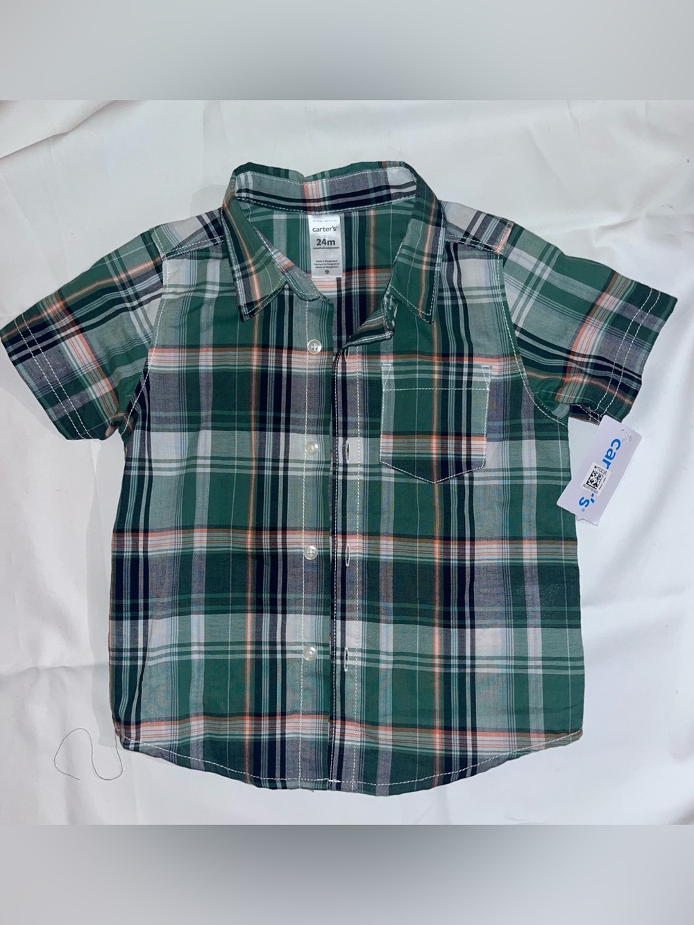 NWT Carter's Button Down Shirt 24M Green Plaid Short Sleeve